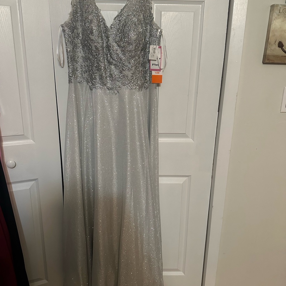 Elegant Silver Gown with Lace Bodice